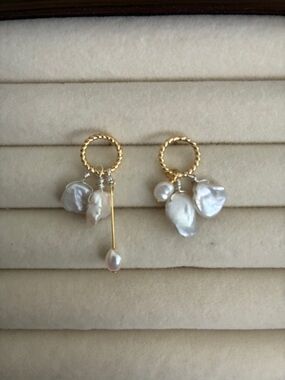 Gold Hoop Earrings with White Baroque Pearl Drops